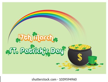 Big rainbow with golden coins in a pot and drop on ground with shamrock plant and green top hat with lettering of Saint Patrick day isolate on light green background in vector design.