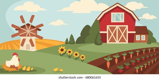 Big ranch with wide field, vegetable beds and paultry