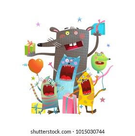 Big Rat and Cats Party. Mouse and cats domestic animals celebration. Vector illustration.