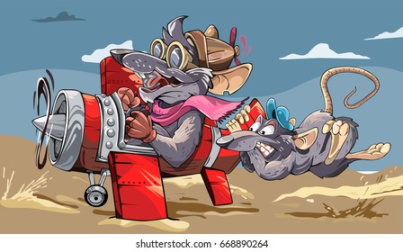 big rat flies over the desert in a single-engine wooden plane and takes on the tail of the second rat