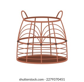 Big rattan basket, modern home storage basketwork. Empty trendy wicker, basketry from natural material. Wickerwork, interior bin with handles. Flat vector illustration isolated on white background