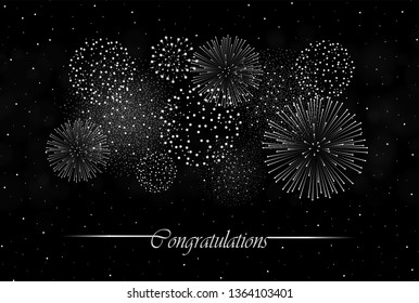 Big realistic firework show on night sky background. Independence day concept. Congratulations background. Luxury abstract. Explosion concept. Galaxy show. Vector illustration