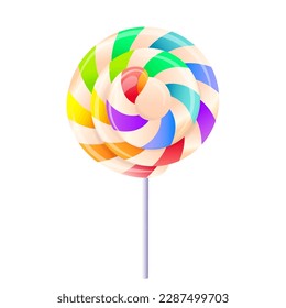 Big realistic multicolored caramel lollipop, candy on a stick in the 3D cartoon style. One large candy isolated on white background.