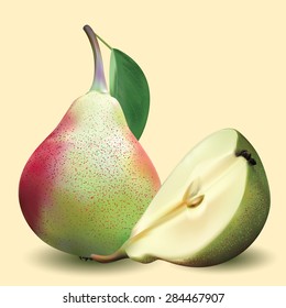 Big realistic pear with green leaves and half pear on a yellow background 