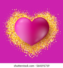 Big realistic pink heart on background of gold glitter particles or confetti. Abstract background for Valentine's day.