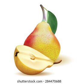 Big realistic ripe yellow pear with green leaves and half pear on a white background 