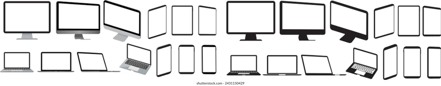 Big realistic set computer, mockup, laptop, smartphone, devices, screen, tablet, monitor, technology devices, empty display collection vector
