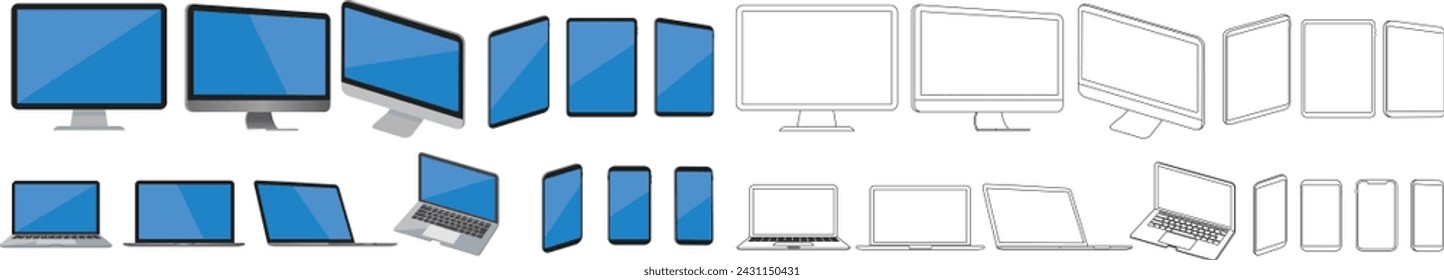 Big realistic set computer, mockup, laptop, smartphone, devices, screen, tablet, monitor, technology devices, empty display collection vector