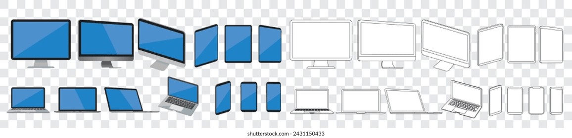 Big realistic set computer, mockup, laptop, smartphone, devices, screen, tablet, monitor, technology devices, empty display collection vector