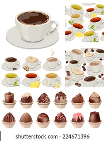 Big realistic set with cups of tea and coffee, sweets and chocolates. Objects isolated on white. Plus two seamless patterns with cups of tea and coffee.  Vector illustration.
