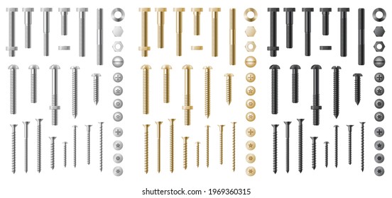 Große, realistische Auswahl an Edelstahl, Silber- und Goldschrauben, Nägel, Zahnräder und Schrauben. Draufsicht und seitliche Sicht auf Industriehardware, Köpfe mit Nüssen und Waschmaschinen. 3D-Vektorgrafik