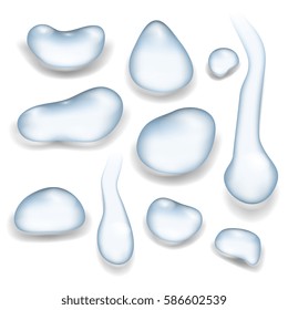 Big realistic vector water drops isolated white background