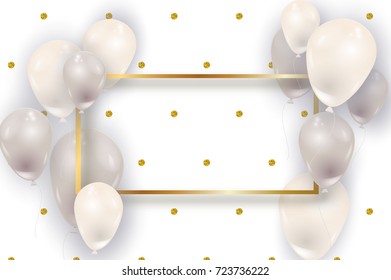 Big realistic white and silver air balloons vector illustration. Beautiful golden frame, gold glitter dots pattern, flyer party, birthday template.