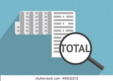 Big receipt and magnifier at total sum. Purchases and expenses