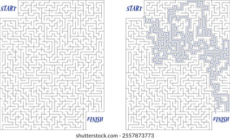 Big rectangular labyrinth. Maze of high complexity with solution. Black and white complex riddle with very high level of difficulty. Nice brainstorm puzzle.
