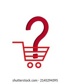 Big red 3D question mark in empty shopping cart. Food trolley icon. Infographic. Rising prices. Inflation concept. Retail industry. Finance and Economy. Stock Market. Supermarket. Grocery shopping.