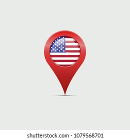 Big Red 3D USA Map Marker with Shadow on the Light Grey Background. Vector Illustration. Star-Striped American Flag. Location - United States.