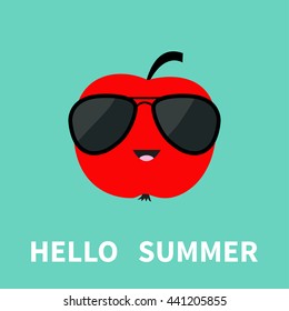 Big red apple fruit in sunglasses. Cute cartoon smiling character. Hello summer Greeting Card. Flat design. Blue background. Vector illustration