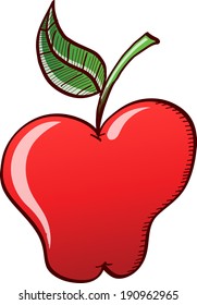 Big red apple, fully ripe and juicy, exhibiting a green leaf and a healthy aspect