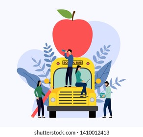 Big red apple on the school bus, education vector illustration