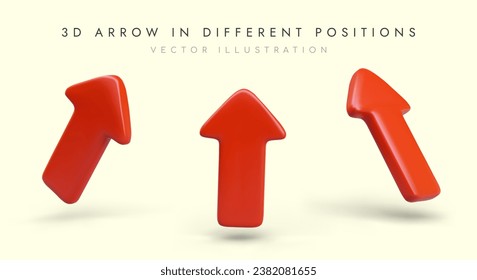 Big red arrow in different positions. Set of illustrations in plasticine style. 3D image to attract attention. Graphic selection of main thing in advertising design