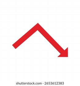 Seta vermelha grande apontando para baixo no gráfico financeiro, estilo de vetor de desenho animado, fundo branco