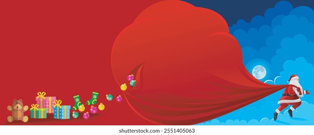 A big red bag full of gifts carried by Santa Clause and dropping gifts.