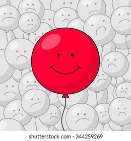 Big red balloon with funny smiling face at the foreground and many small gray balloons with disgruntled faces at the background. Success in business concept