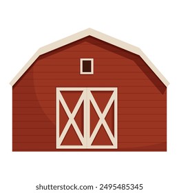 Big red barn building standing on farm yard, countryside wooden construction for keeping hay