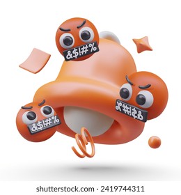 Big red bell and angry red emoticons flying near. Serious, mad, facial reaction