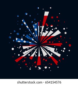 Big red and blue firework with USA flag inside