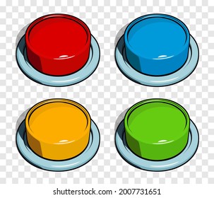 Big red, blue, orange and green push buttons set in comic cartoon style. Vector illustration isolated on transparent background - Powered by Shutterstock - Get 15% off with code: PIKWIZARD15