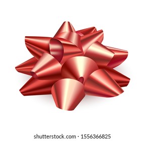 Big red bow, realistic. Accessory for gift wrapping. Side view. Isolated over white background. Vector illustration