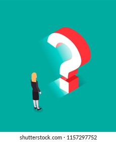 Big red bright shining question mark on a turquoise  background and a woman in a business suit looking at  it, an isometric vector illustration