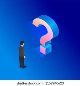 Big red bright shining question mark and a man in a business suit looking at  it, an isometric vector illustration