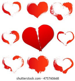 Big red broken heart on white isolated background and set of a grunge hearts