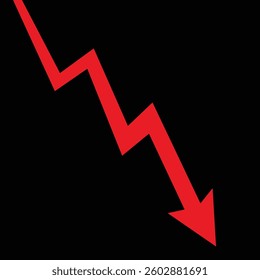 Big red business arrow falling fast means big trading losses and economic crisis with black background
