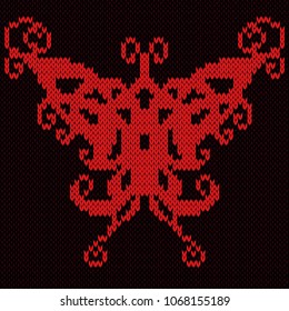 Big red butterfly over dark background, knitting vector pattern as a fabric texture
