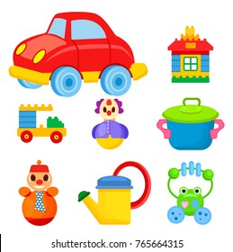 Big red car, toy house, car constructor, funny clown, colorful saucepan, roly-poly in tie, yellow watering can and frog beanbag vector illustrations.
