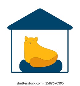 Big red cat on a pillow in the blue cats house. Flat style vector illustration
