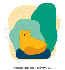 Big red cat on a pillow among the trees in the backyard vector illustration