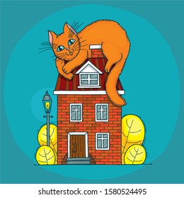 big red cat sitting on the roof of the house, fantasy, street
