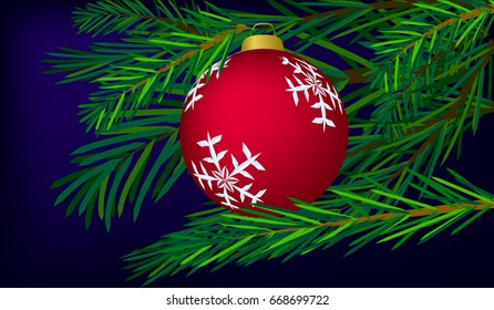 Big red Christmas ball on a branch.
