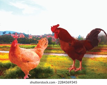 A big red cock and pink hen in romantic mode on the bank of village river is a beautiful bird nature photo painting great for decoration ,textile and fabric print ,book cover ,valentine day gift card 