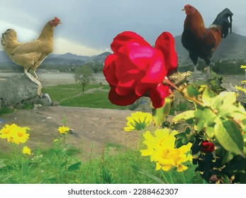 A big red cock and pink hen with  red flower is a captivating floral nature romantic photo surreal painting ,great for decoration ,textile and fabric print ,book cover ,valentine card