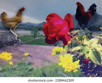A big red cock and pink hen with  red flower is a captivating floral nature romantic photo surreal painting ,great for decoration ,textile and fabric print ,book cover ,valentine card