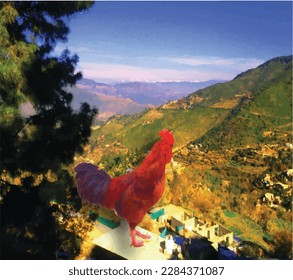 A big red cock standing on house roof is an aesthetic bird nature photo painting great for decoration ,textile and fabric print ,book cover ,valentine day gift card and other print and web purposes