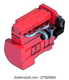 Big red diesel. Powerful internal combustion engine. Chrome exhaust. Six cylinders.