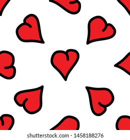 Big Red Doodle Heart Vector Seamless Pattern on White Background. Valentine's Day Design