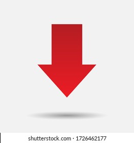 Big Red Download Now Button With Shadow.red Squared Arrow Down. Flat Download Icons Isolated On White. Point Down Button. South Sign.